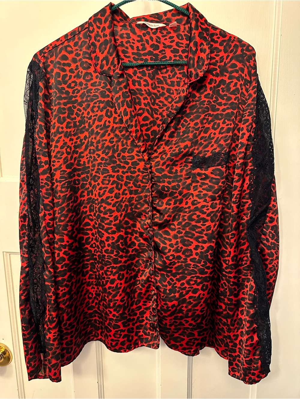 La Vie En Rose XL Red and Black Satin Leopard Print Button Down PJ Top